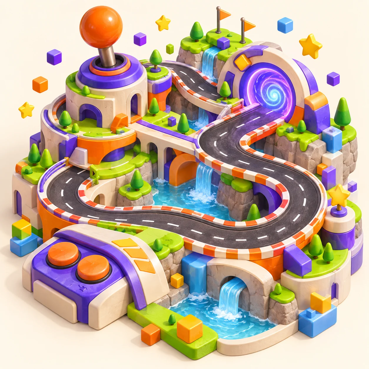 Illustrazione originale di una pista arcade e un portale colorato