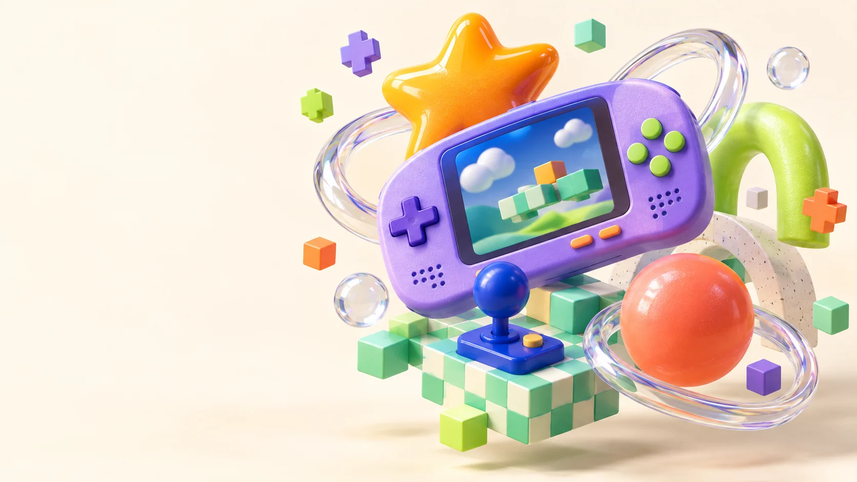 Console arcade viola fra stelle, joystick e oggetti colorati