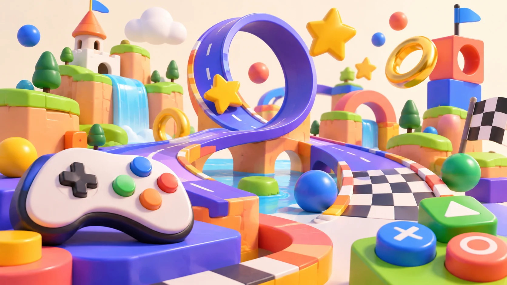 Illustrazione originale di un mondo di gioco luminoso con pista e controller