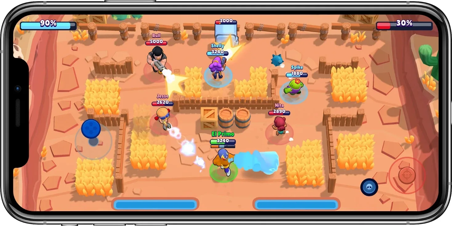 Partita di Brawl Stars vista dall’alto con squadre in arena