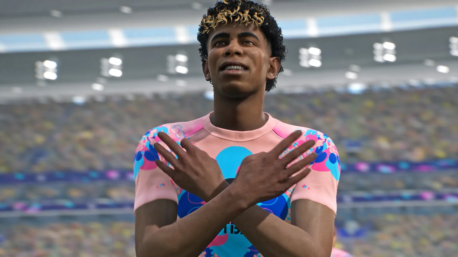 Calciatore di eFootball che festeggia in uno stadio