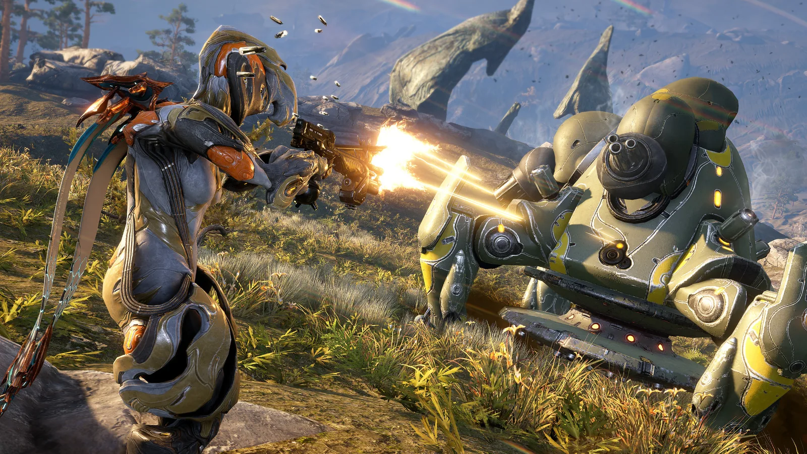 Tenno di Warframe in combattimento contro avversari corazzati